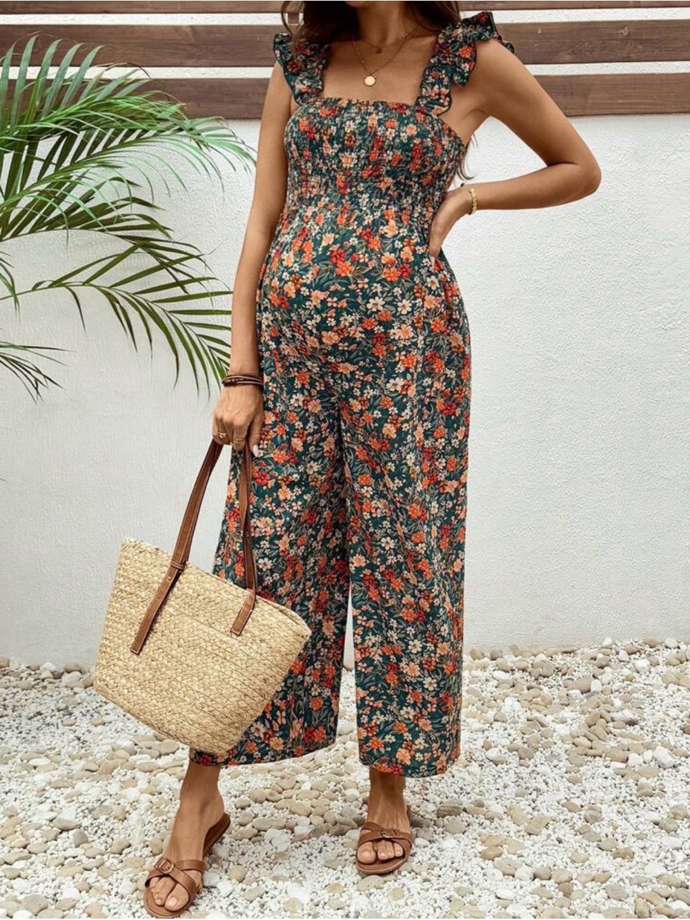 Maternity Floral Smocked Wide-Leg Jumpsuit in Green